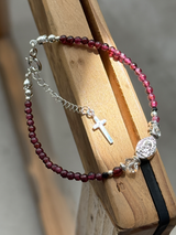 Silver925×天然石|ロードライトガーネット×ハーキーマダイアモンド メダイブレスレット(Reeplushハンドメイド)