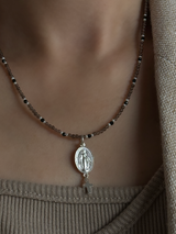 Silver925×天然石|スモーキークォーツ×オニキス メダイ&クロスドロップ ネックレス(Reeplushハンドメイド)チャーム追加可能