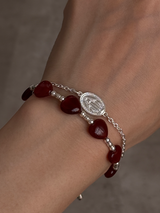 Silver925×天然石|ハート・レッドオニキス×カレンシルバー メダイチェーン2連 ブレスレット(Reeplushハンドメイド)