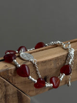 Silver925×天然石|ハート・レッドオニキス×カレンシルバー メダイチェーン2連 ブレスレット(Reeplushハンドメイド)