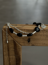 Silver925×天然石|ハート・オニキス×カレンシルバー メダイチェーン2連 ブレスレット(Reeplushハンドメイド)