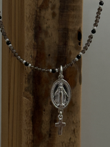 Silver925×天然石|スモーキークォーツ×オニキス メダイ&クロスドロップ ネックレス(Reeplushハンドメイド)チャーム追加可能