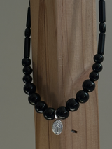 Silver925×天然石|オニキス+メダイ チョーカーネックレス 37〜40.5cm(Reeplushハンドメイド)