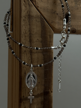 Silver925×天然石|スモーキークォーツ×オニキス メダイ&クロスドロップ ネックレス(Reeplushハンドメイド)チャーム追加可能