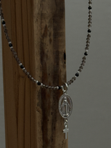 Silver925×天然石|スモーキークォーツ×オニキス メダイ&クロスドロップ ネックレス(Reeplushハンドメイド)チャーム追加可能