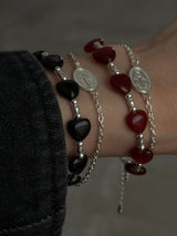 Silver925×天然石|ハート・レッドオニキス×カレンシルバー メダイチェーン2連 ブレスレット(Reeplushハンドメイド)