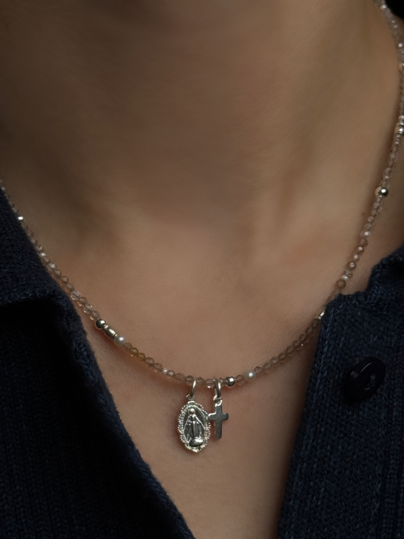 silver925 57cm ネックレス　ハンドメイド silver925｜ヴィンテージガラスの透明な花ネックレス［Aスクエア
