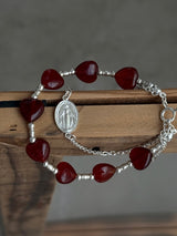 Silver925×天然石|ハート・レッドオニキス×カレンシルバー メダイチェーン2連 ブレスレット(Reeplushハンドメイド)
