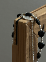 Silver925×天然石|ハート・オニキス×カレンシルバー メダイチェーン2連 ブレスレット(Reeplushハンドメイド)