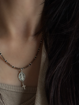 Silver925×天然石|スモーキークォーツ×オニキス メダイ&クロスドロップ ネックレス(Reeplushハンドメイド)チャーム追加可能