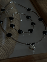 Silver925×天然石|ハート・オニキス×スモーキークォーツ ネックレス(Reeplushハンドメイド)