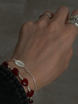 Silver925×天然石|ハート・レッドオニキス×カレンシルバー メダイチェーン2連 ブレスレット(Reeplushハンドメイド)