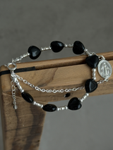 Silver925×天然石|ハート・オニキス×カレンシルバー メダイチェーン2連 ブレスレット(Reeplushハンドメイド)