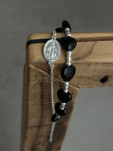 Silver925×天然石|ハート・オニキス×カレンシルバー メダイチェーン2連 ブレスレット(Reeplushハンドメイド)