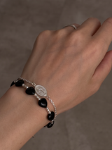 Silver925×天然石|ハート・オニキス×カレンシルバー メダイチェーン2連 ブレスレット(Reeplushハンドメイド)