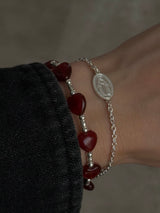 Silver925×天然石|ハート・レッドオニキス×カレンシルバー メダイチェーン2連 ブレスレット(Reeplushハンドメイド)