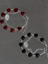 Silver925×天然石|ハート・レッドオニキス×カレンシルバー メダイチェーン2連 ブレスレット(Reeplushハンドメイド)