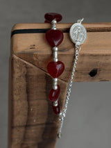 Silver925×天然石|ハート・レッドオニキス×カレンシルバー メダイチェーン2連 ブレスレット(Reeplushハンドメイド)