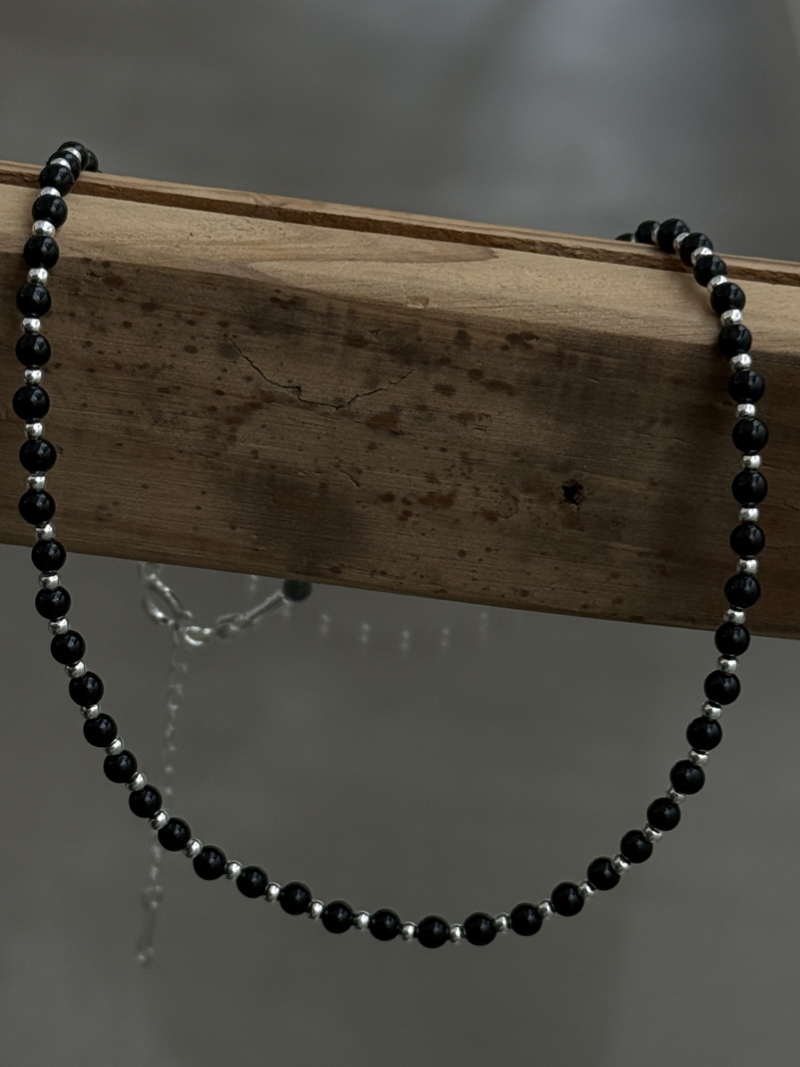 Silver925×天然石｜オニキスチョーカー ネックレス37cm〜41cm（Reeplushハンドメイド）チャーム追加可能