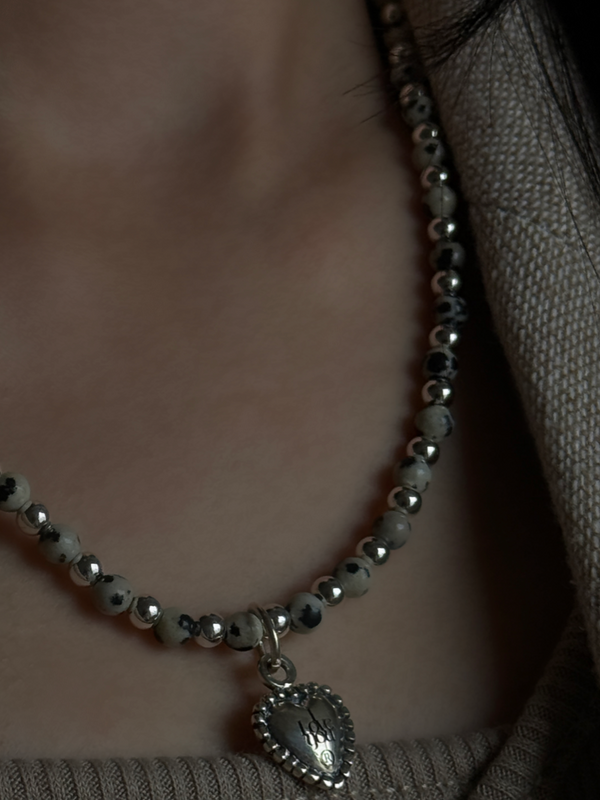 Silver925×天然石｜ダルメシアンジャスパー ハートトップネックレス（Reeplushハンドメイド）ハート着脱可
