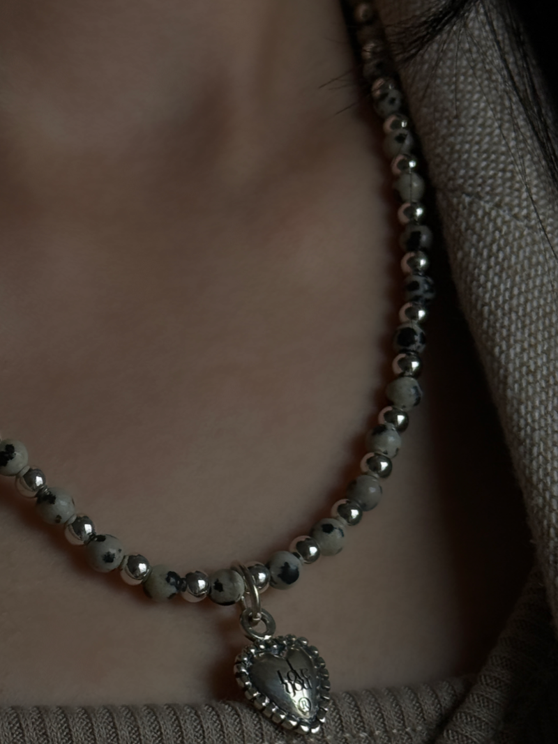 Silver925×天然石｜ダルメシアンジャスパー ハートトップネックレス（Reeplushハンドメイド）ハート着脱可
