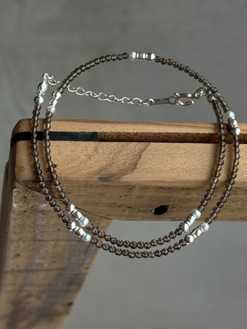 (再入荷)Silver925×天然石｜スモーキークォーツ +パール チョーカーネックレス（Reeplushハンドメイド）