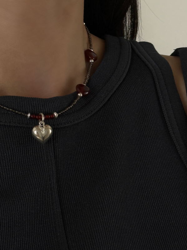 Silver925×天然石｜ハート・レッドオニキス×スモーキークォーツ ネックレス（Reeplushハンドメイド）