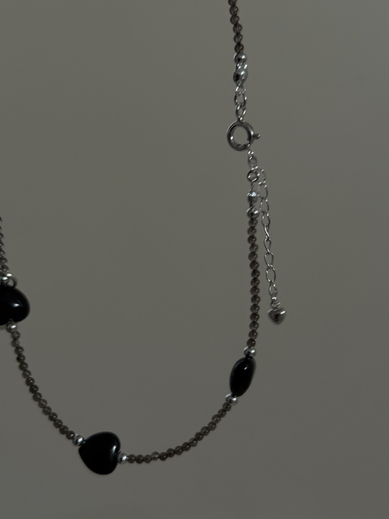 Silver925×天然石｜ハート・オニキス×スモーキークォーツ ネックレス（Reeplushハンドメイド）