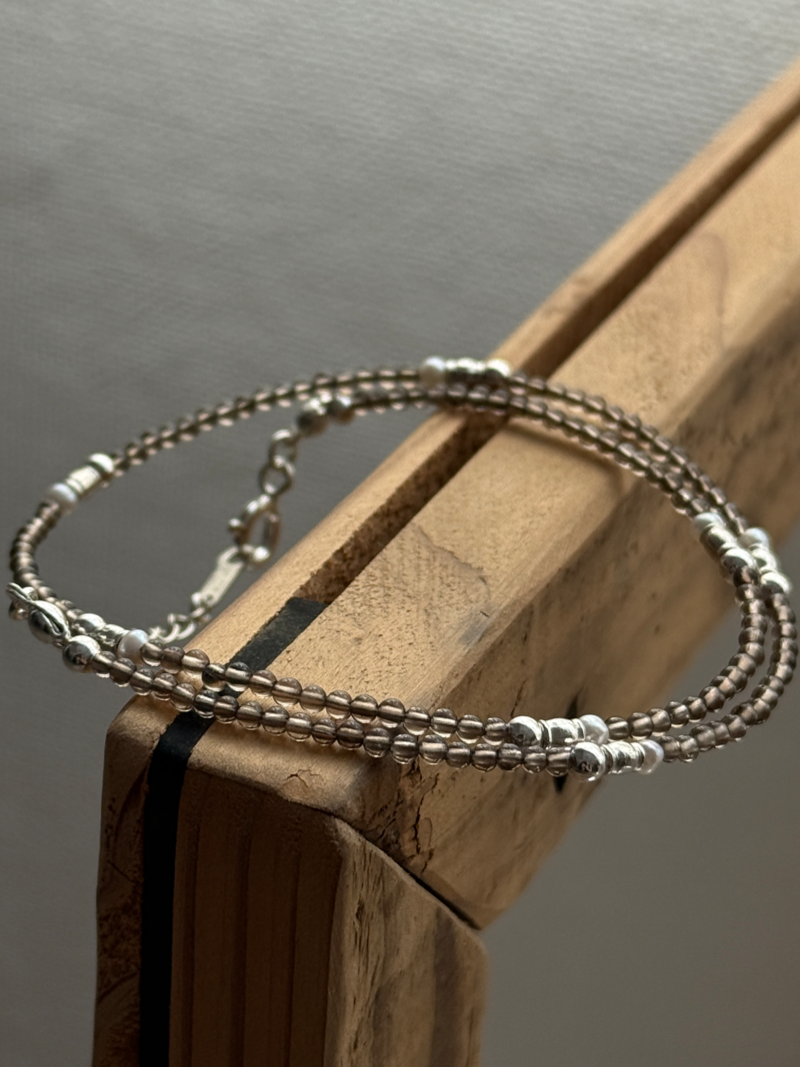(再入荷)Silver925×天然石｜スモーキークォーツ +パール チョーカーネックレス（Reeplushハンドメイド）