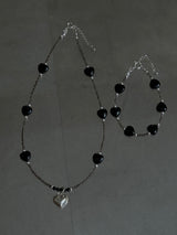 Silver925×天然石｜ハート・オニキス×スモーキークォーツ ネックレス（Reeplushハンドメイド）