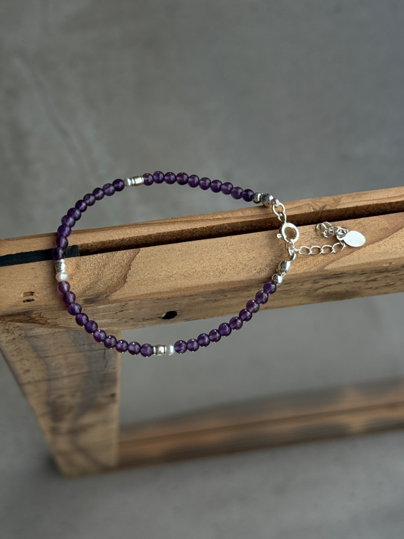 Silver925×天然石｜アメジスト×パール ブレスレット（Reeplushハンドメイド）
