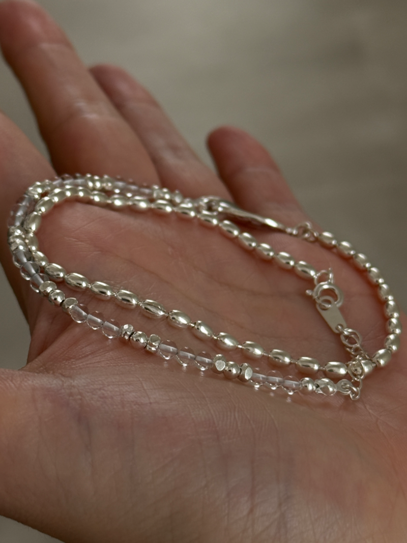 Silver925×天然石｜ロッククリスタル×シルバービーズミックスチェーン ネックレス（Reeplushハンドメイド）