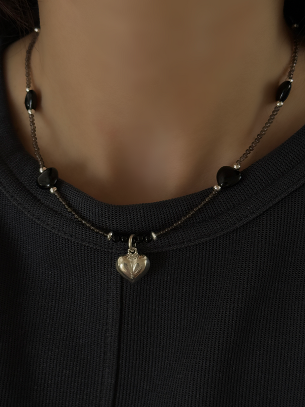 Silver925×天然石｜ハート・オニキス×スモーキークォーツ ネックレス（Reeplushハンドメイド）