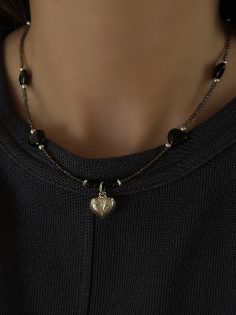 Silver925×天然石｜ハート・オニキス×スモーキークォーツ ネックレス（Reeplushハンドメイド）