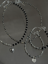 Silver925×天然石｜ダルメシアンジャスパー+オニキス ハートトップチョーカーネックレス 36cm〜39cm（Reeplushハンドメイド）