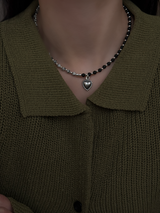 Silver925×天然石｜ダルメシアンジャスパー+オニキス ハートトップチョーカーネックレス 36cm〜39cm（Reeplushハンドメイド）