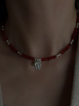 Silver925×天然石｜レッドオニキス ミニチャーム チョーカーネックレス（Reeplushハンドメイド）約37.5cmまたは39cm