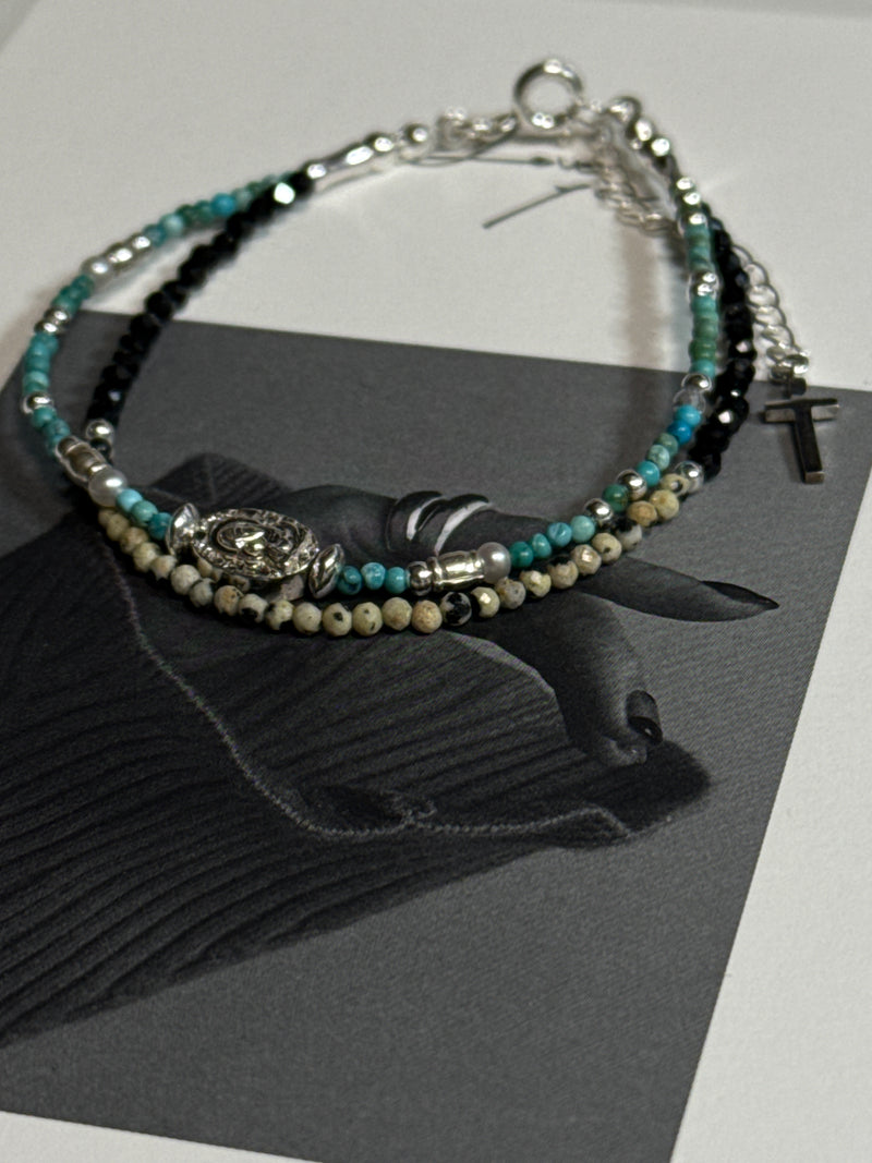 Silver925×天然石｜ターコイズ×オニキス×大ルメシアンジャスパー2連 メダイブレスレット（Reeplushハンドメイド）