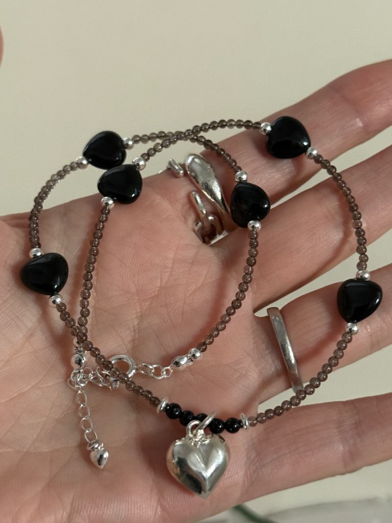 Silver925×天然石｜ハート・オニキス×スモーキークォーツ ネックレス（Reeplushハンドメイド）