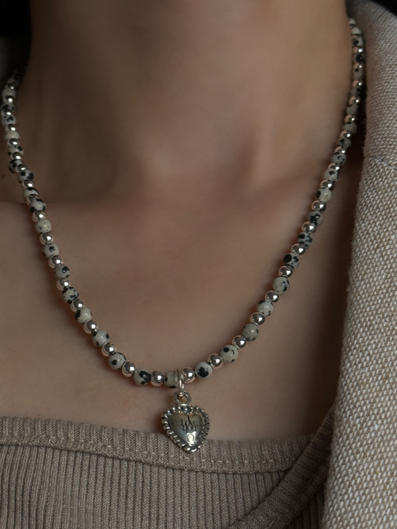Silver925×天然石｜ダルメシアンジャスパー ハートトップネックレス（Reeplushハンドメイド）ハート着脱可
