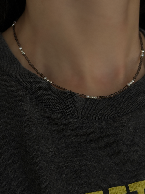 (再入荷)Silver925×天然石｜スモーキークォーツ +パール チョーカーネックレス（Reeplushハンドメイド）