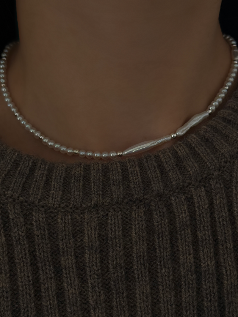 Silver925×天然石｜アシンメトリーバロックパールチョーカー ネックレス37.5cm〜42cm（Reeplushハンドメイド）