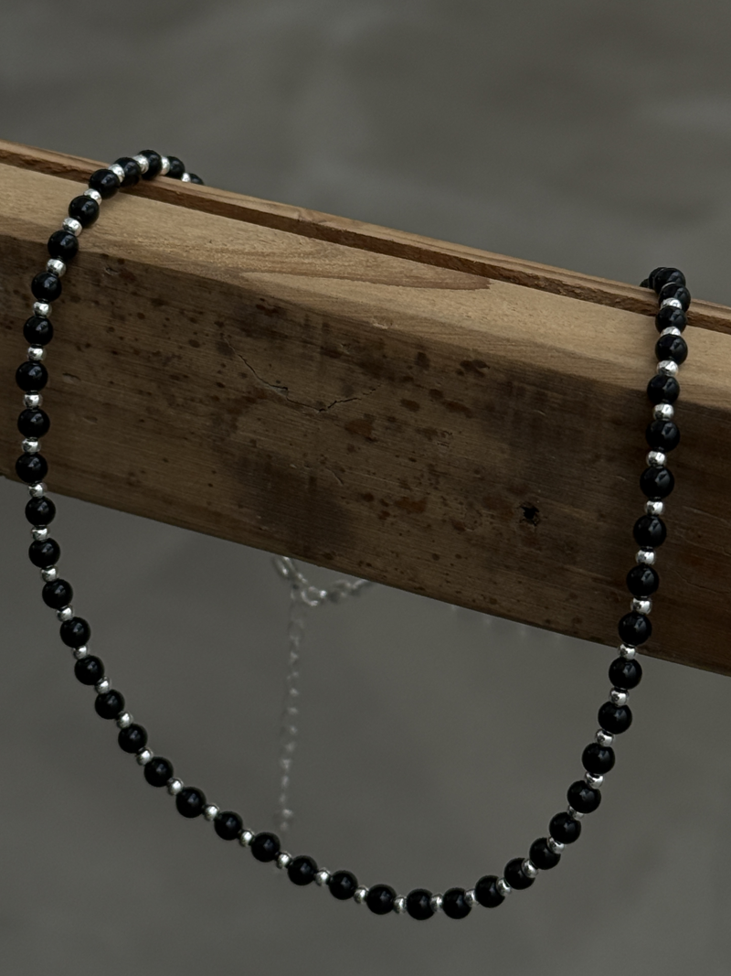 Silver925×天然石｜オニキスチョーカー ネックレス37cm〜41cm（Reeplushハンドメイド）チャーム追加可能