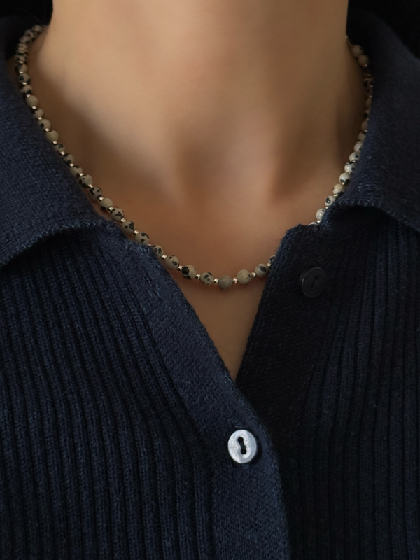 Silver925×天然石｜ダルメシアンジャスパー チョーカーネックレス約37.5cm〜41.5cm（Reeplushハンドメイド）