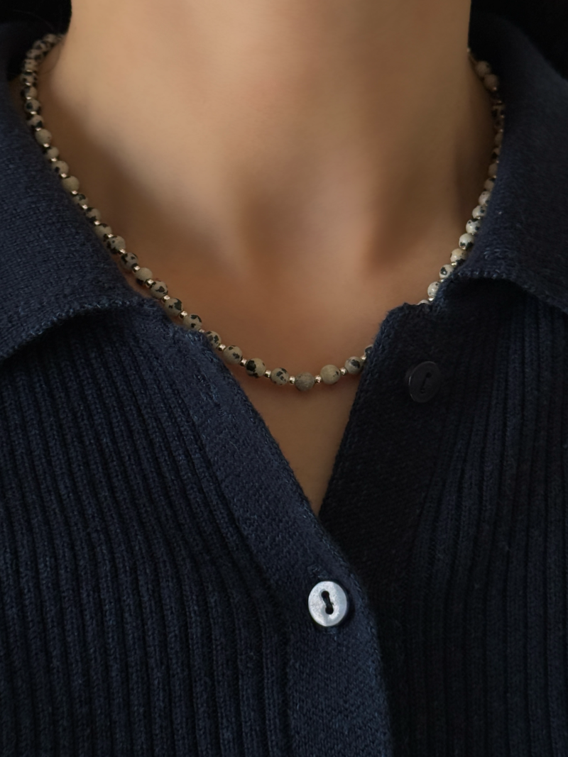 Silver925×天然石｜ダルメシアンジャスパー チョーカーネックレス約37.5cm〜41.5cm（Reeplushハンドメイド）