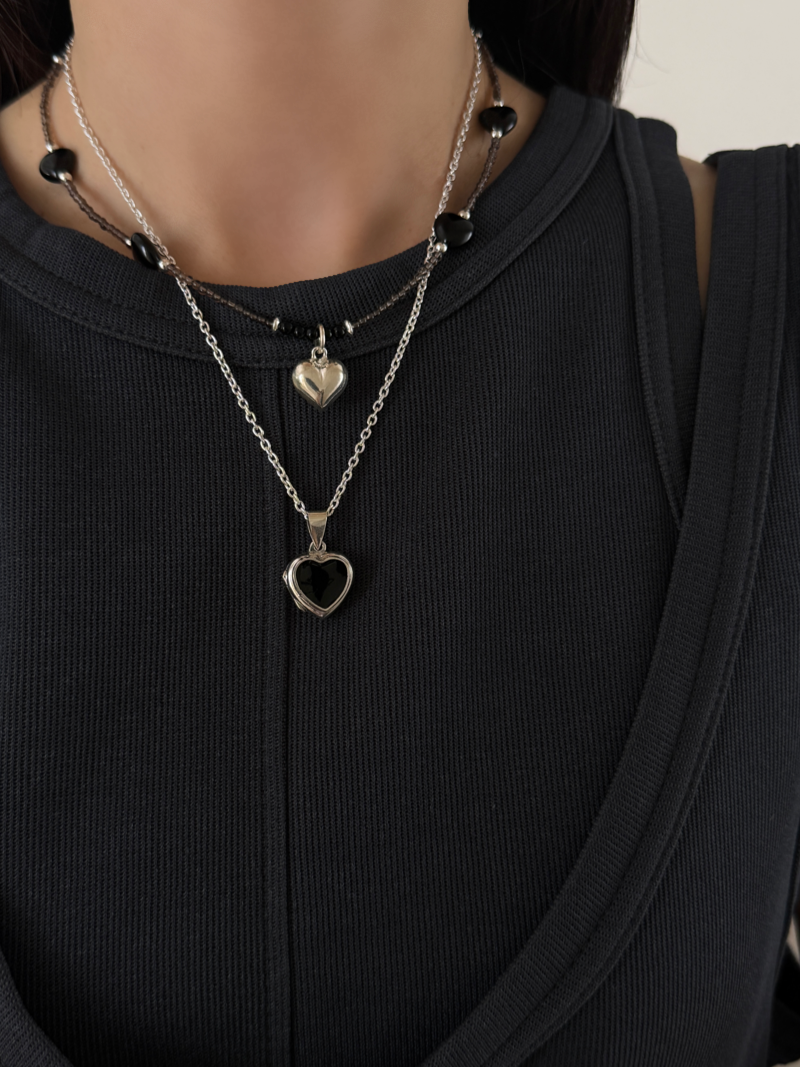 Silver925×天然石｜ハート・オニキス×スモーキークォーツ ネックレス（Reeplushハンドメイド）