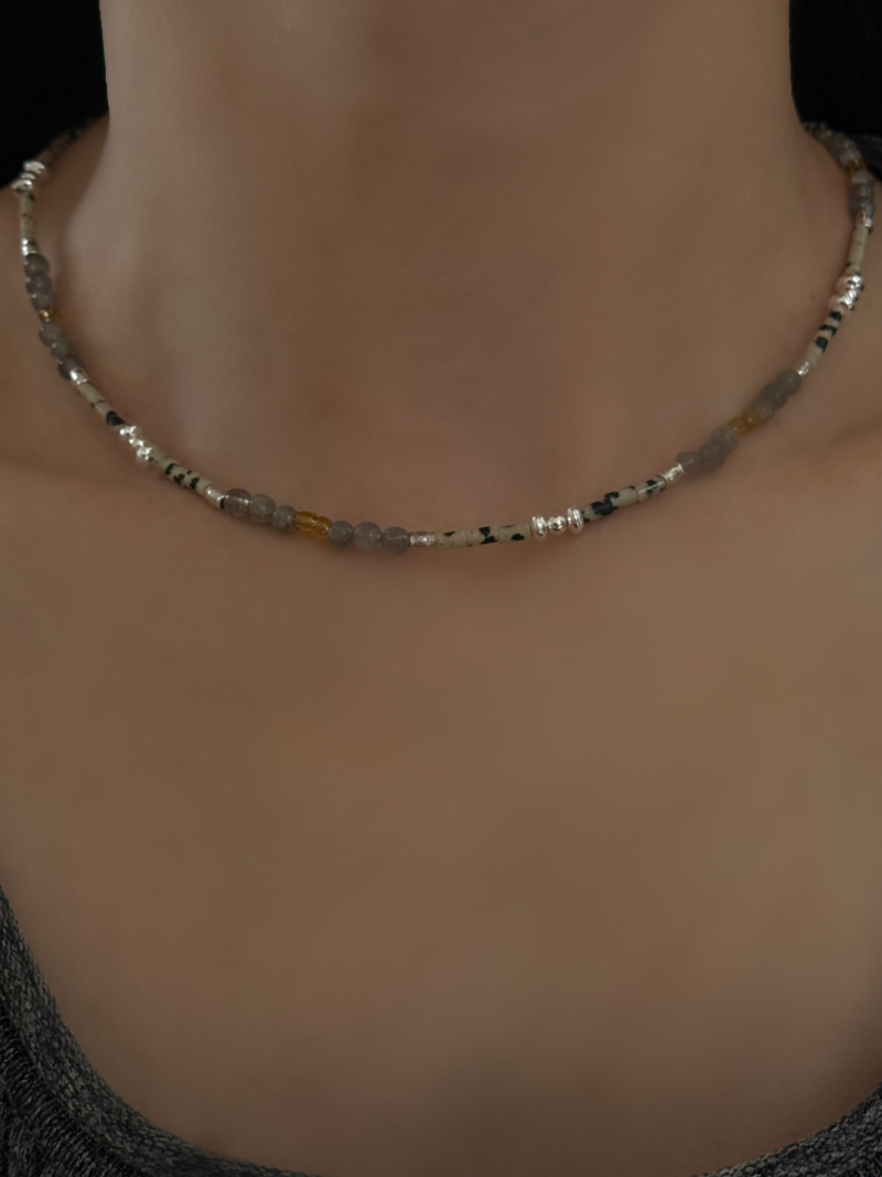 Silver925×天然石｜ラブラドライトとダルメシアンジャスパーのマグネットネックレス/40cm（Reeplushハンドメイド）
