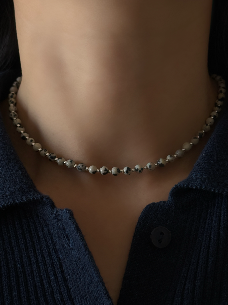 Silver925×天然石｜ダルメシアンジャスパー チョーカーネックレス約37.5cm〜41.5cm（Reeplushハンドメイド）