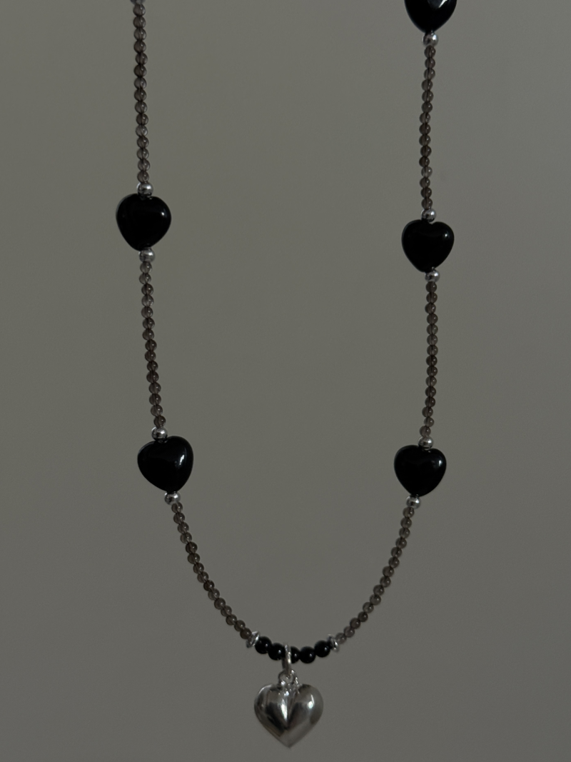 Silver925×天然石｜ハート・オニキス×スモーキークォーツ ネックレス（Reeplushハンドメイド）