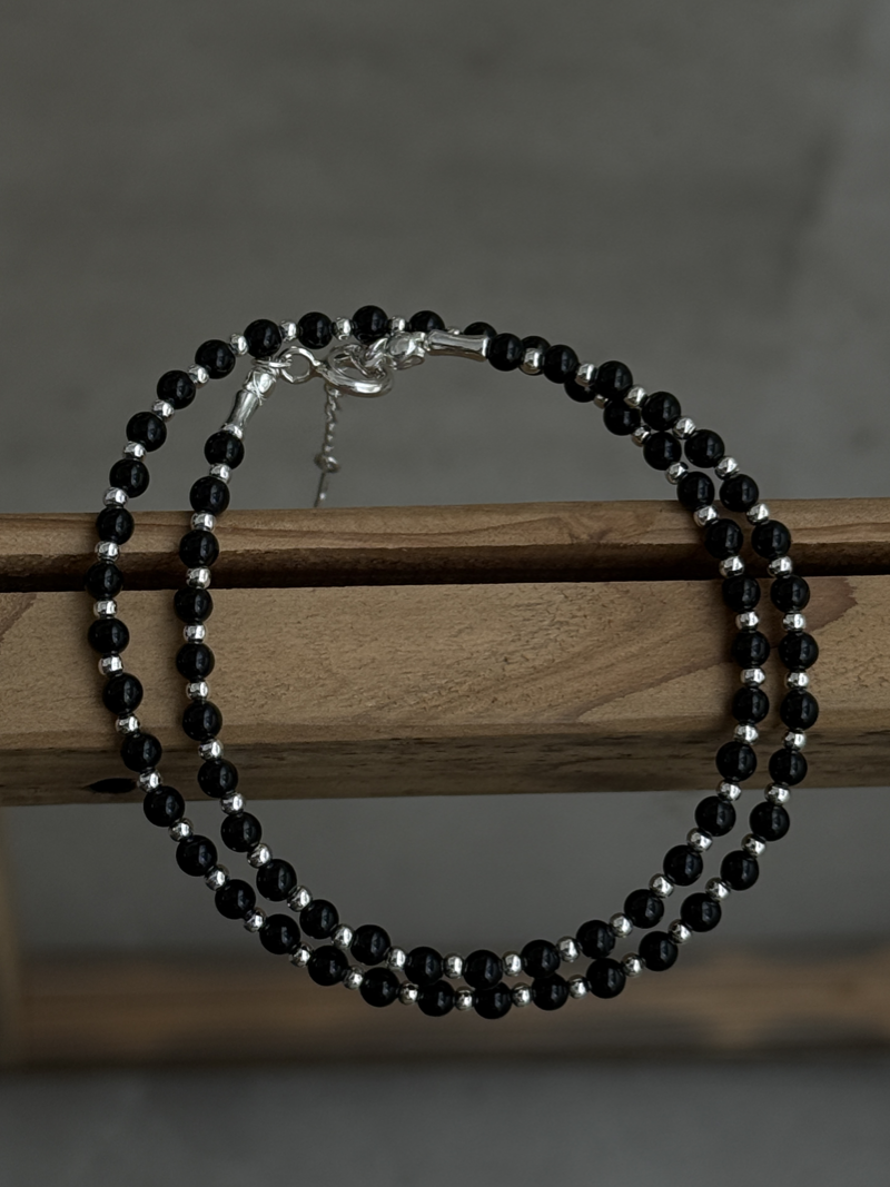 Silver925×天然石｜オニキスチョーカー ネックレス37cm〜41cm（Reeplushハンドメイド）チャーム追加可能